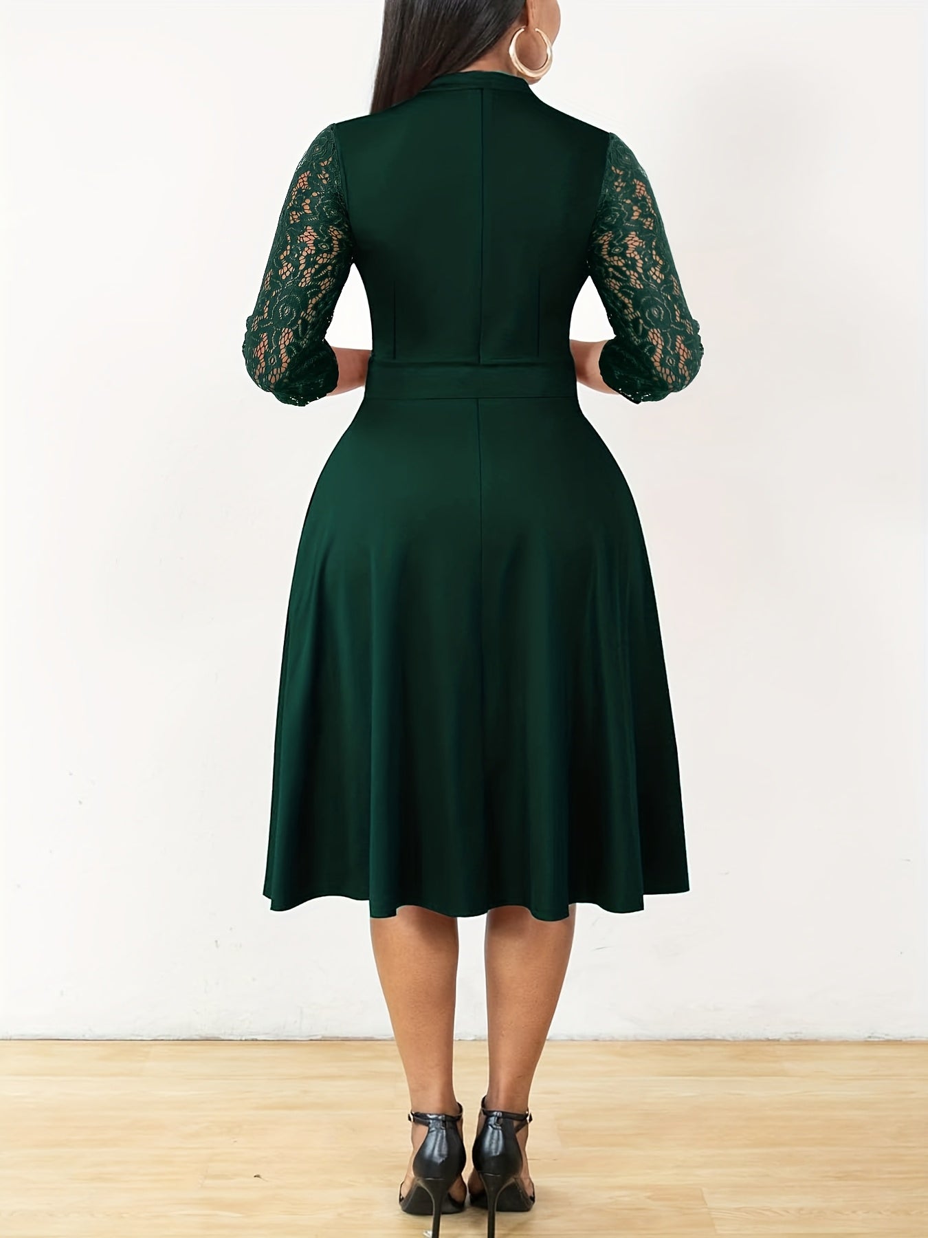 Autumn/Winter Women's Fashion Elegant V-Neck Lace Sleeve Three-Quarter Sleeve A-Line Midi Dress, Suitable for Formal Occasions, Cocktail Parties, and Gatherings