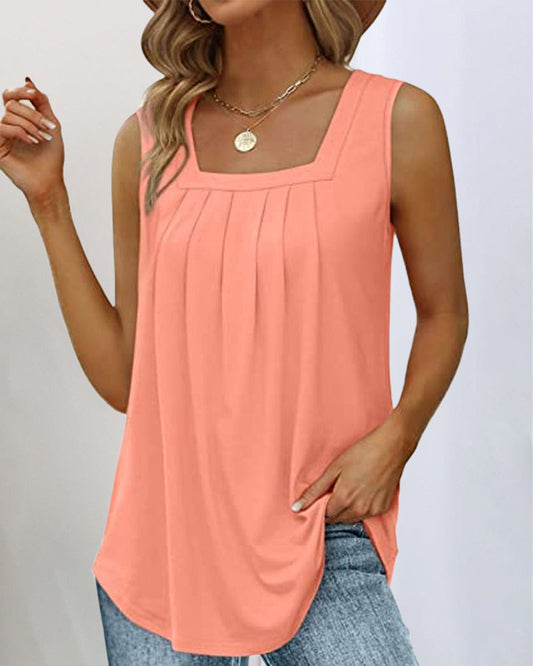 Effortless Pleated Tank Top for Women with Square Neck Sleeveless Relaxed Flowing Style