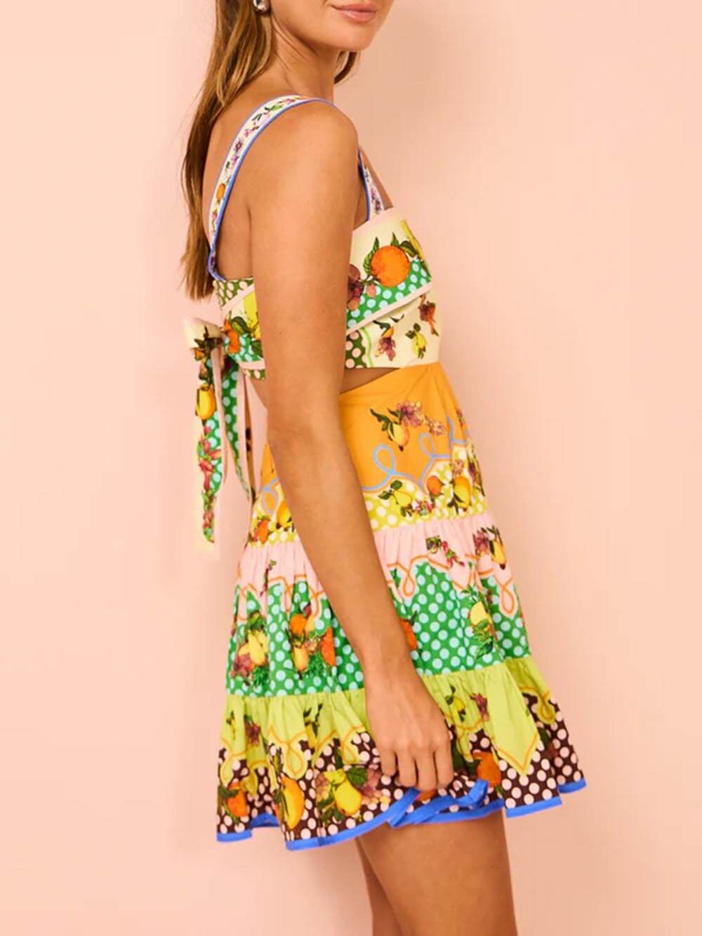 Effortless Multicolor Citrus Print Mini Dress for Women with Square Neck Sleeveless Cut Out Tiered Ruffle Bohemian Style