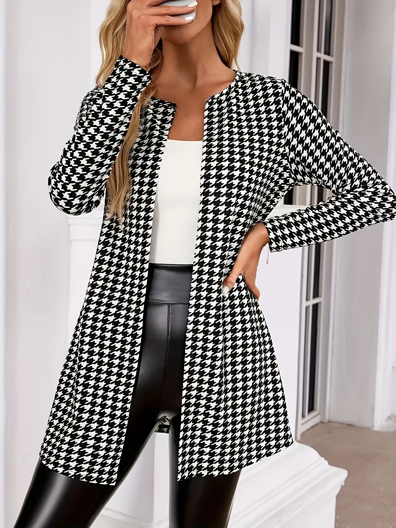 Elegant Houndstooth Cardigan for Women with Open Front Long Sleeve Longline Knit Style