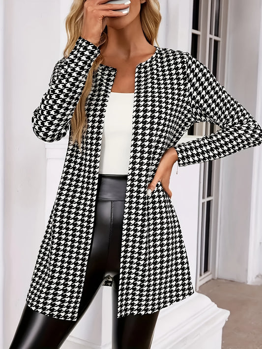 Elegant Houndstooth Cardigan for Women with Open Front Long Sleeve Longline Knit Style