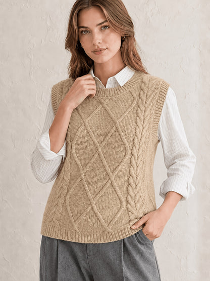 Comfortable Cable Knit Sweater Vest for Women with Crew Neck Sleeveless Relaxed Preppy Style
