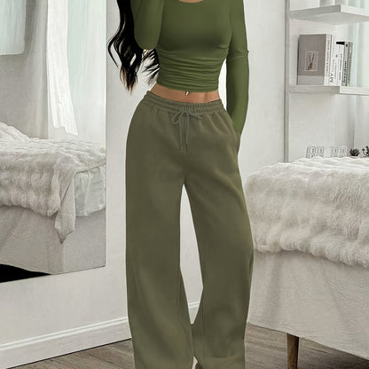 Oriented Elegant Ladies' Trousers Drawstring Pocket Design Solid Color Easy Versatile Sweatpants