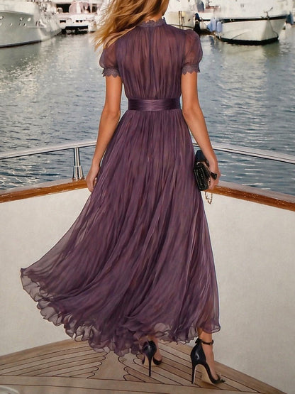 Elegant Ombre Chiffon Maxi Dress for Women with High Neck Puff Sleeve Keyhole Lace Trim Flowing Style