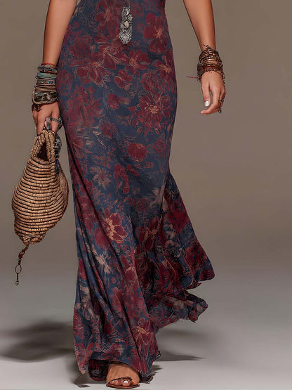 Elegant Navy Floral Maxi Dress for Women with Halter Neck Lace Trim Flowing Bohemian Style