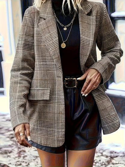 Elegant Plaid Blazer for Women with Notch Lapel Long Sleeve Oversized Tailored Style