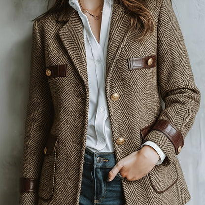 Elegant Khaki Herringbone Tweed Blazer for Women with Lapel Collar Long Sleeve Leather Trim Gold Button Style