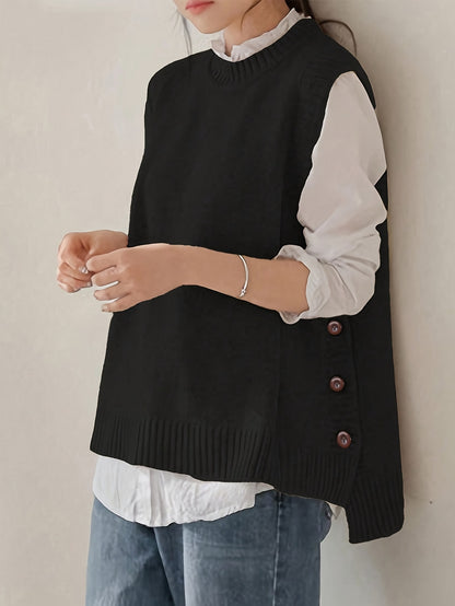 Comfortable Ribbed Knit Sweater Vest for Women with Mock Neck Sleeveless Side Button Relaxed Style