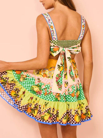 Effortless Multicolor Citrus Print Mini Dress for Women with Square Neck Sleeveless Cut Out Tiered Ruffle Bohemian Style