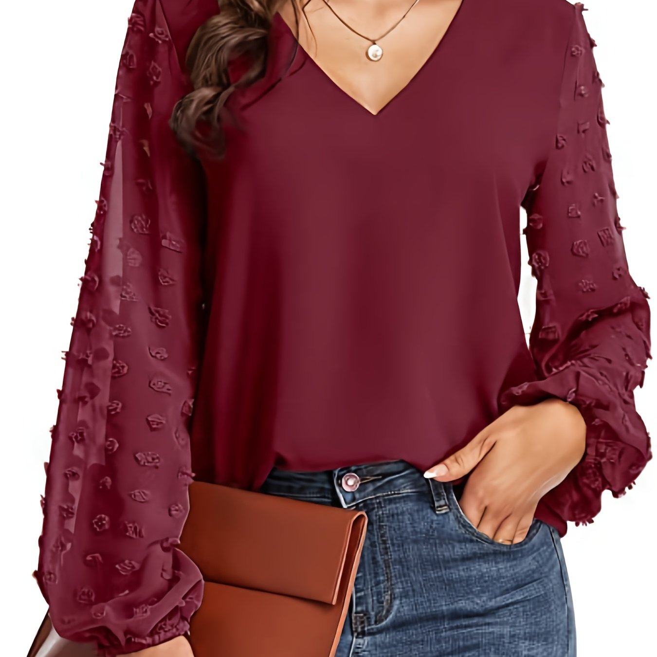 Effortless Swiss Dot Blouse for Women with V Neck Bishop Sleeve Textured Chiffon Casual Style