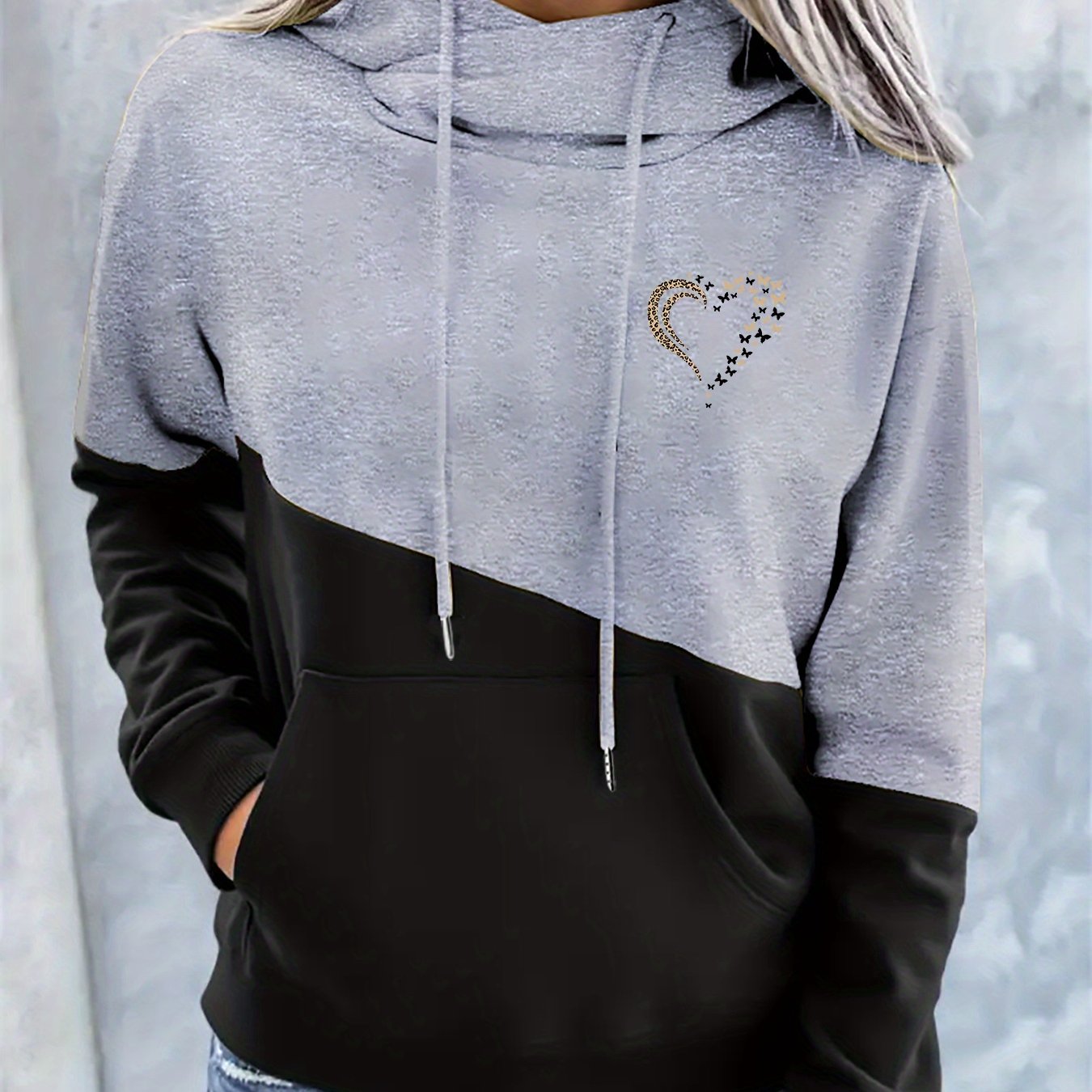 Comfortable Colorblock Graphic Hoodie for Women with Cowl Neck Long Sleeve Kangaroo Pocket Relaxed Style