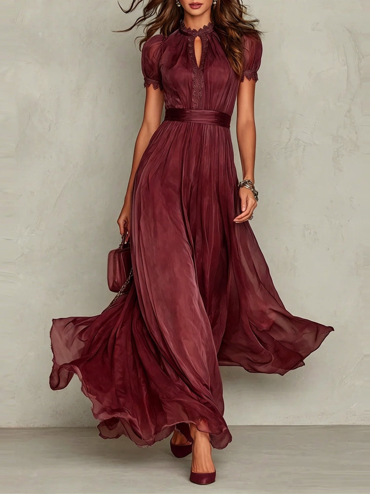 Elegant Ombre Chiffon Maxi Dress for Women with High Neck Puff Sleeve Keyhole Lace Trim Flowing Style