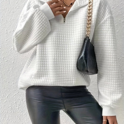 Comfortable and Loose Waffle Solid Standing Neck Zipper Long Sleeve Panel Women's Sweater