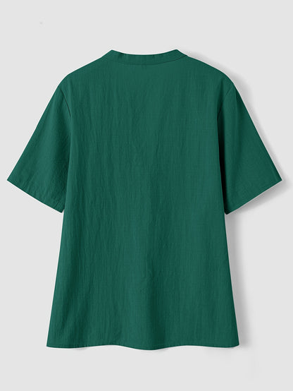 Effortless Textured Blouse for Women with Notch V Neck Short Sleeve Button Front Relaxed Style