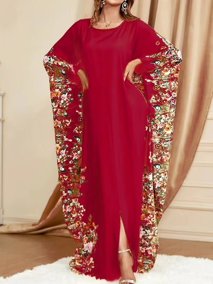 Elegant Floral Print Kaftan Maxi Dress for Women with Round Neck Batwing Sleeve Flowing Style
