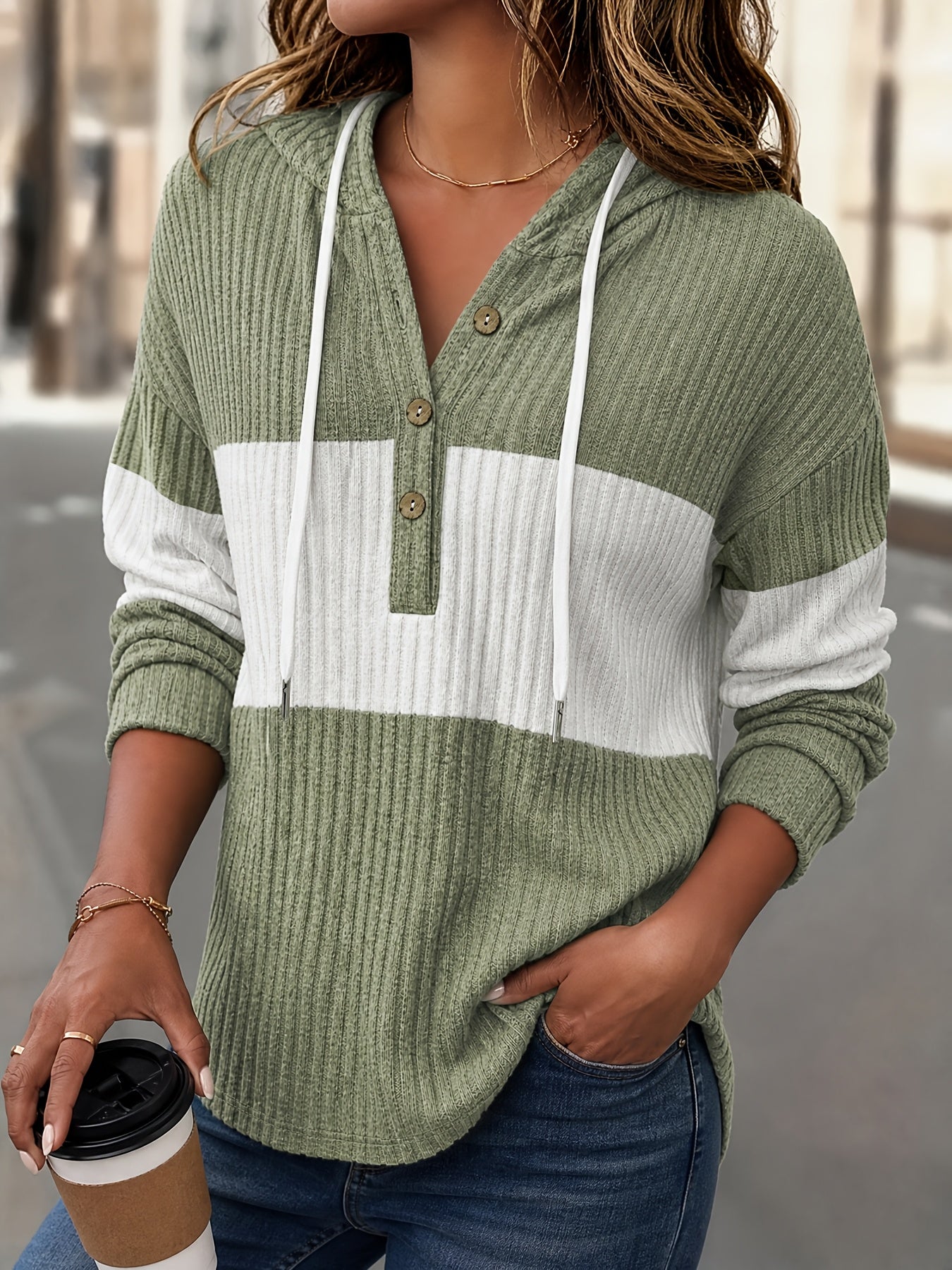 Solid Color Contrasting Hooded Pullover