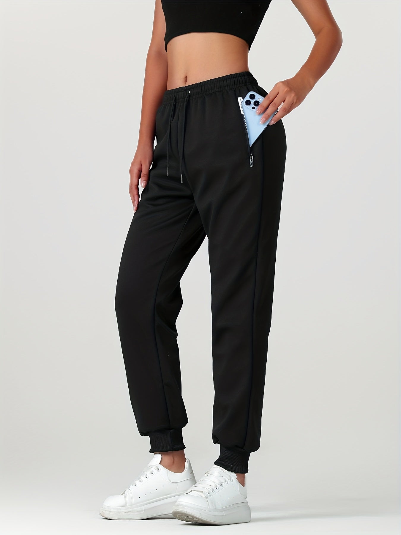 1pc of Autumn/winter Women's Long Pants, -lined Warm Casual Sweatpants for Women, Featuring an Elastic Drawstring Waist, Angled High Quality Zippered Pockets, and Windproof Thermal Cuffed Pants, Suitable for Daily Winter Wear at Home