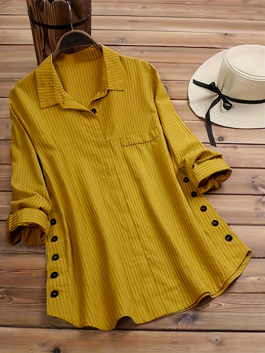 Effortless Striped Blouse for Women with Collar Long Sleeve Side Button Relaxed Style