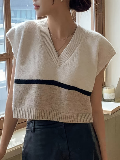 Elegant Apricot Striped Sweater Vest for Women with V Neck Sleeveless Cropped Colorblock Knit Style