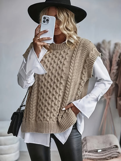 Comfortable Cable Knit Sweater Vest for Women with Crew Neck Sleeveless Chunky Oversized Style