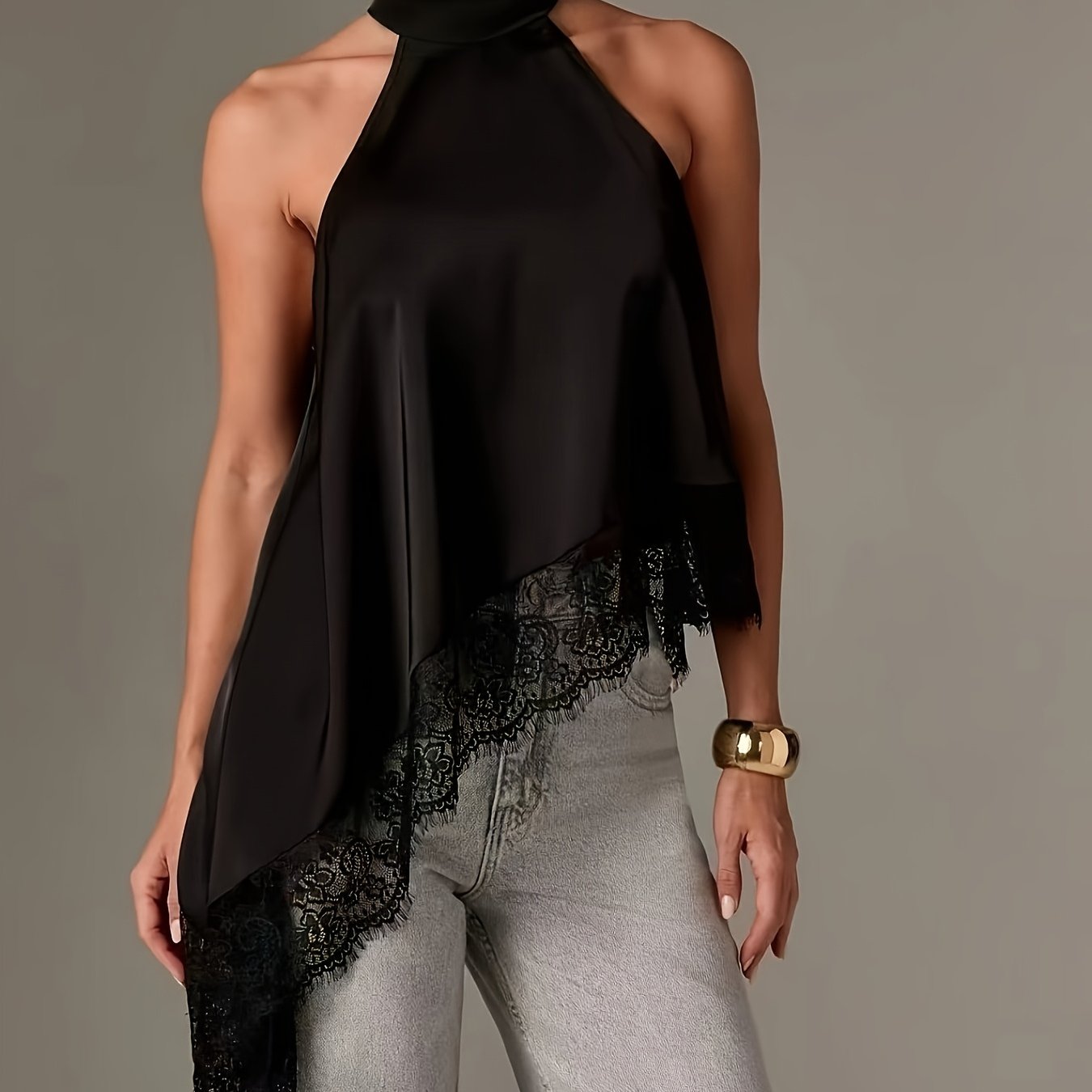 Elegant Satin Halter Top for Women with High Neck Sleeveless Lace Trim Asymmetric Flowing Style