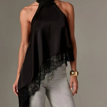 Elegant Satin Halter Top for Women with High Neck Sleeveless Lace Trim Asymmetric Flowing Style