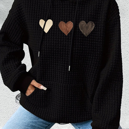 Comfortable Heart Print Waffle Knit Hoodie for Women with Hooded Long Sleeve Kangaroo Pocket Oversized Style