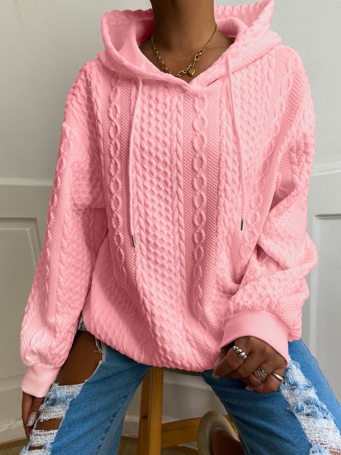 Plus Size Casual Hoodie, Women's Plus Solid Ribbed Long Sleeve Slight Stretch Hoodie Drawstring Sweatshirt