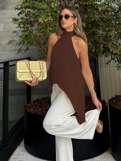 Effortless Chiffon Halter Blouse for Women with High Neck Sleeveless Asymmetric Hem Flowing Style