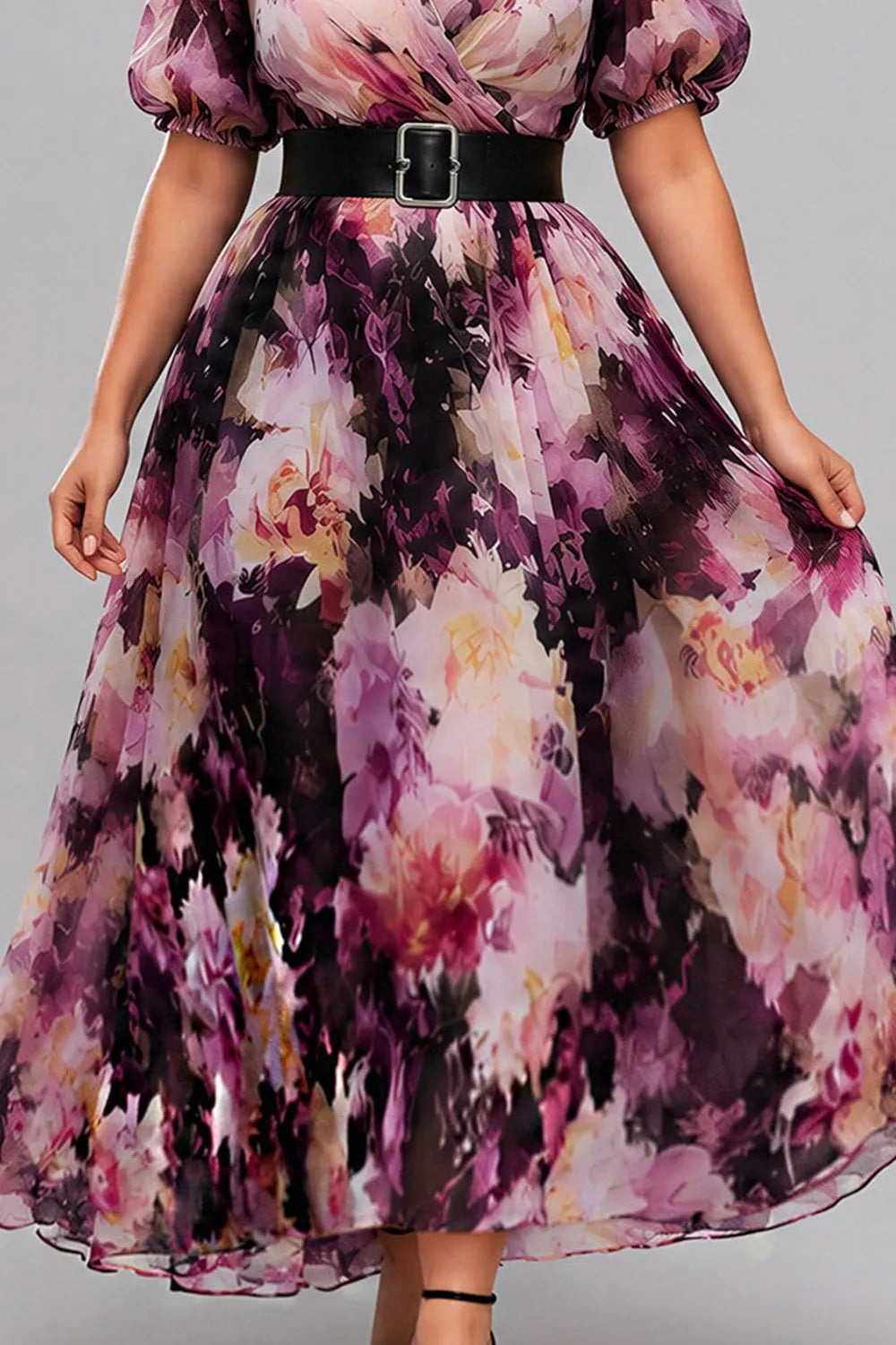 Elegant Purple Floral Maxi Dress for Women with V Neck Puff Sleeve Belted Wrap Flowing Wedding Guest Style