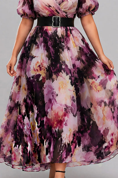 Elegant Purple Floral Maxi Dress for Women with V Neck Puff Sleeve Belted Wrap Flowing Wedding Guest Style