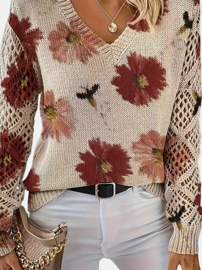 Comfortable Floral Crochet Sweater for Women with V Neck Balloon Sleeve Lace Panel Oversized Knit Style