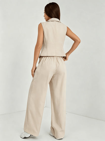 Effortless Navy Blue Two Piece Set for Women with Lapel Collar Sleeveless Vest Wide Leg Pant Casual Style