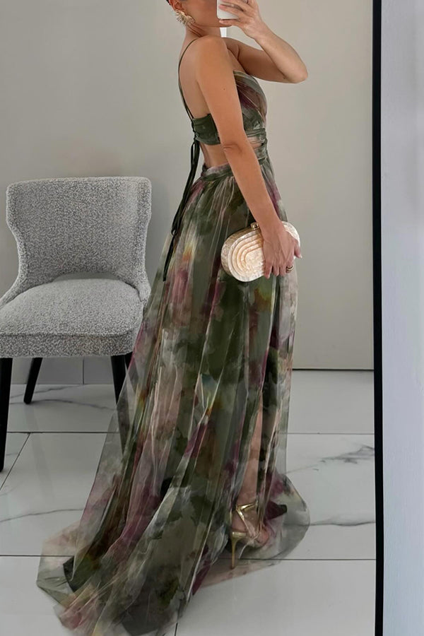 Elegant Watercolor Floral Maxi Dress for Women with V Neck Sleeveless Wrap Waist Flowing Formal Wedding Guest Style