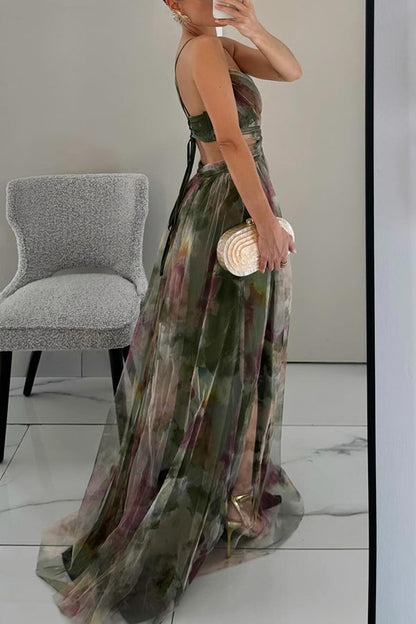 Elegant Watercolor Floral Maxi Dress for Women with V Neck Sleeveless Wrap Waist Flowing Formal Wedding Guest Style