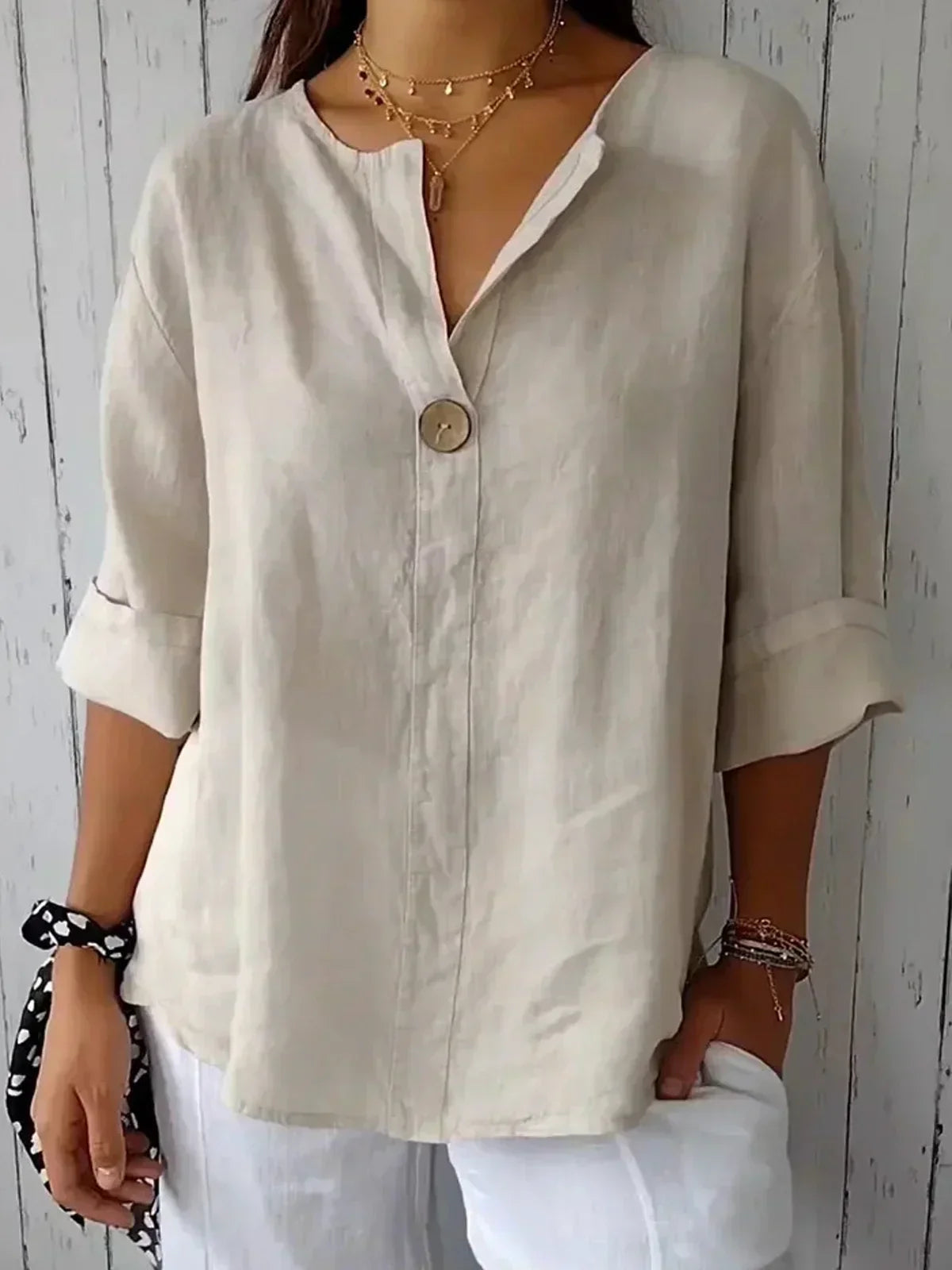 Effortless Linen Blouse for Women with V Neck Elbow Sleeve Button Front Relaxed Style