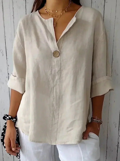Effortless Linen Blouse for Women with V Neck Elbow Sleeve Button Front Relaxed Style