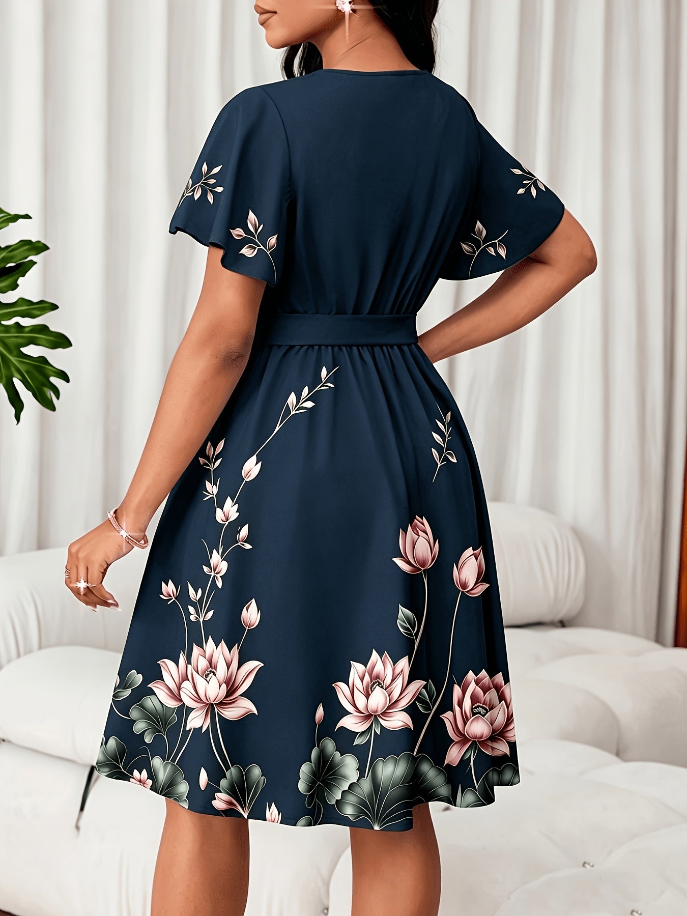 V-Neck Dress, Elegant Floral Print Short Sleeve, Waist-Cinching A-Line Midi Dress, Versatile Women's Wear for Commuting, Parties, and Daily Wear