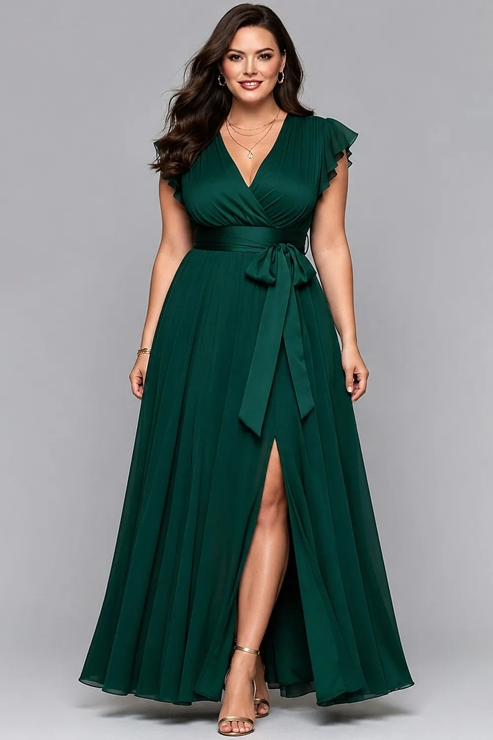 Elegant Dark Green Chiffon Maxi Dress for Women with V Neck Flutter Sleeve Wrap Tie Waist Flowing Formal Wedding Guest Style