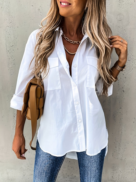 Effortless Utility Pocket Blouse for Women with Collar Long Sleeve Relaxed Curved Hem Style