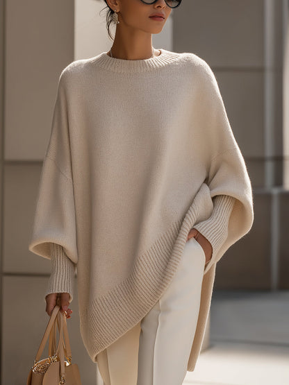 Comfortable Knit Poncho Sweater for Women with Crew Neck Batwing Sleeve Oversized Asymmetric Style