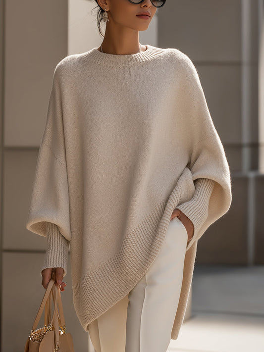 Comfortable Knit Poncho Sweater for Women with Crew Neck Batwing Sleeve Oversized Asymmetric Style