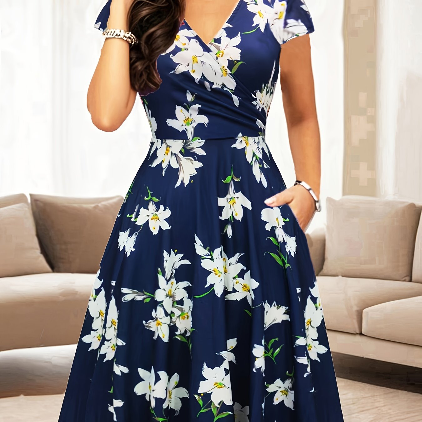 Western Foreign Trade Cross-Border Women'S V-Neck Vintage Ladies Casual Elegant Temperament Flared Knee-Length Pocket Dress