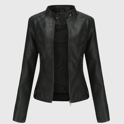 Elegant Faux Leather Moto Jacket for Women with Stand Collar Long Sleeve Zip Front Fitted Style
