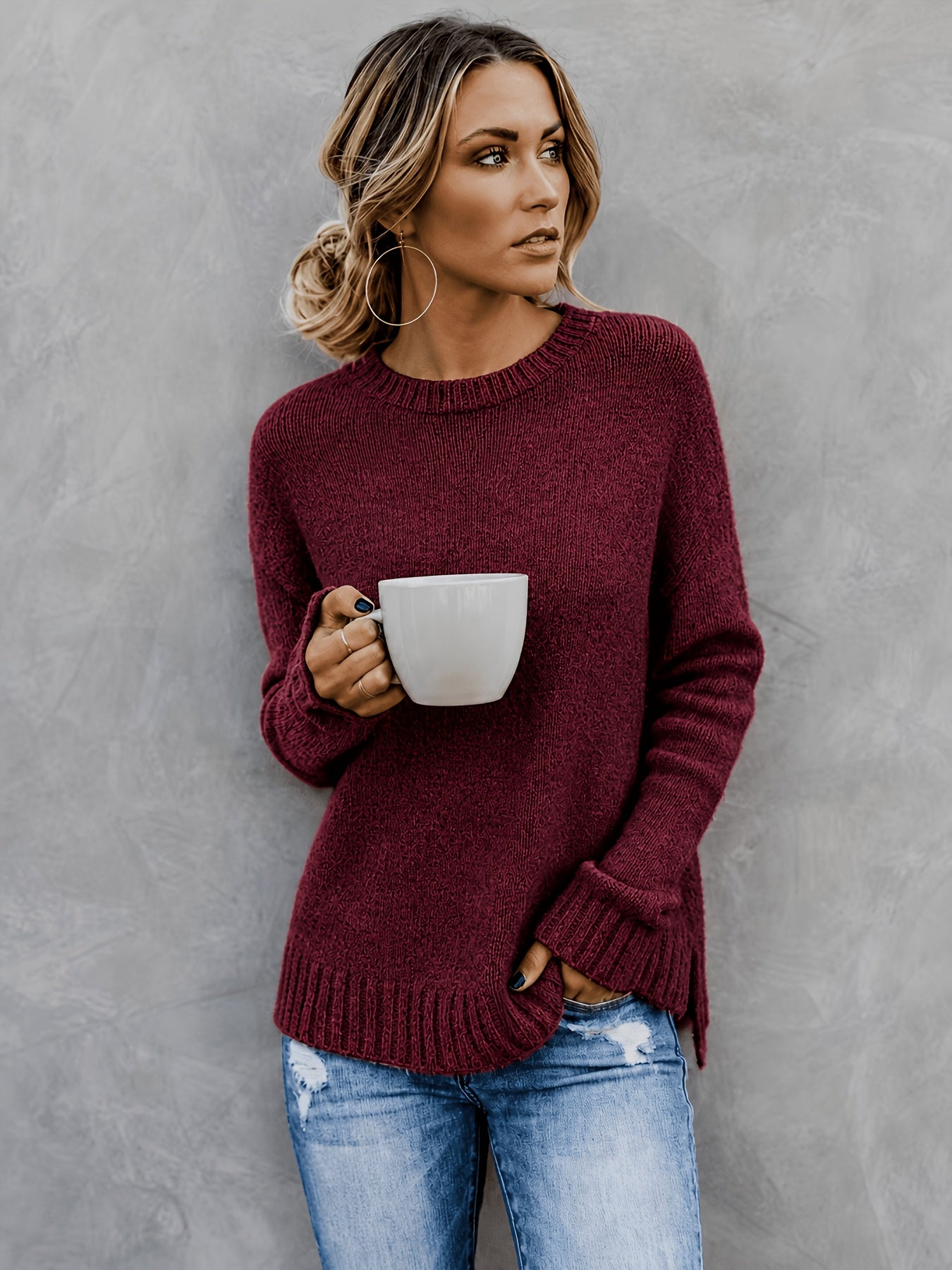 Comfortable Heathered Knit Sweater for Women with Crew Neck Long Sleeve Bell Cuff Oversized Relaxed Style