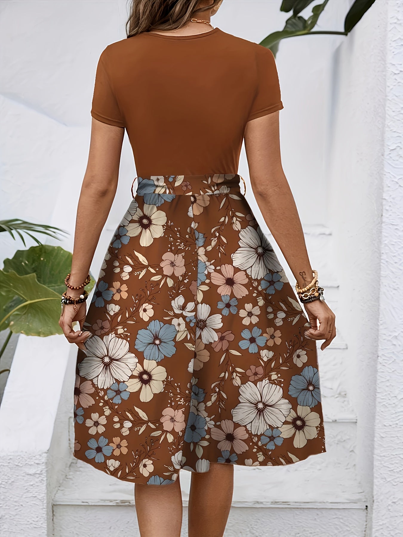Elegant Key Monitoring Support European And American Round Neck Short-Sleeved with Belt Dress Number