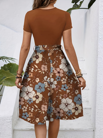 Elegant Key Monitoring Support European And American Round Neck Short-Sleeved with Belt Dress Number