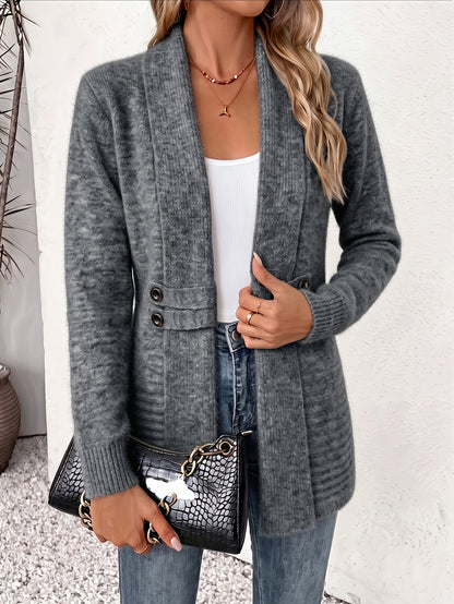 Effortless Ribbed Cardigan Sweater for Women with Shawl Collar Long Sleeve Button Tab Relaxed Style