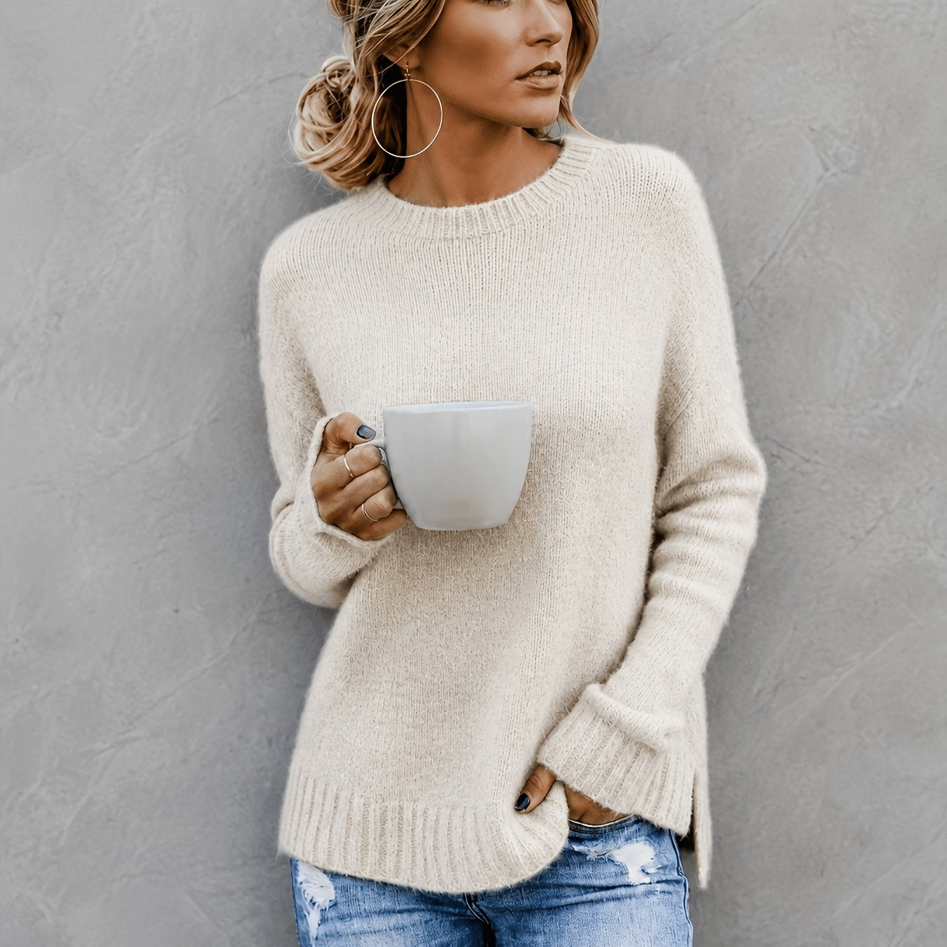 Comfortable Heathered Knit Sweater for Women with Crew Neck Long Sleeve Bell Cuff Oversized Relaxed Style