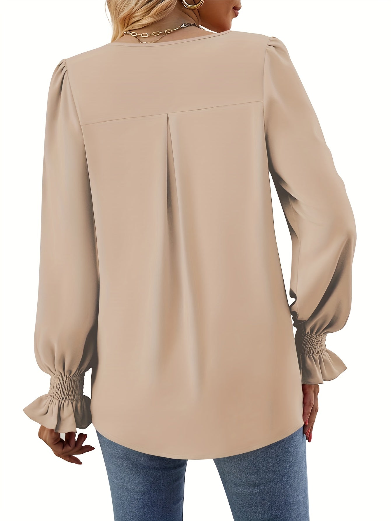 Effortless Blouse for Women with V Neck Balloon Sleeve Smocked Cuff Relaxed Style